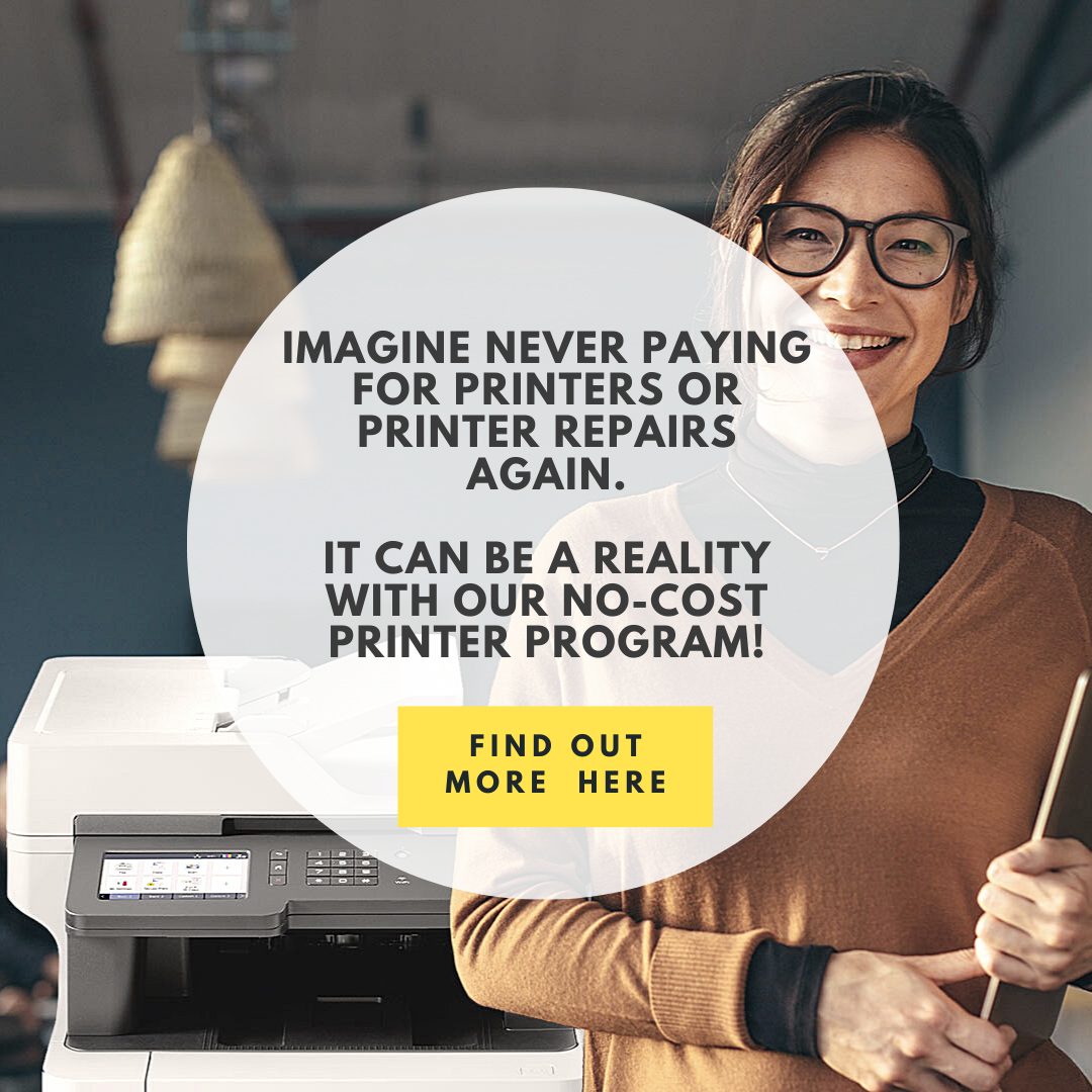 happy woman in front of printer